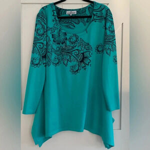 XL Womens KRISTINE ACCESSORIES Long Sleeve Teal Tunic Top with shark bite hem